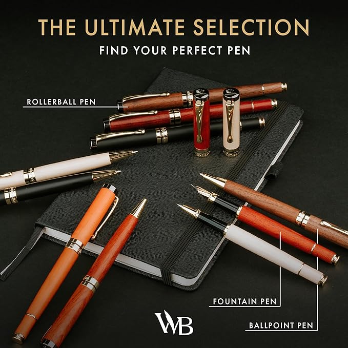 Wordsworth and Black Ballpoint Pen Set - Stunning Luxury Pen Bamboo Blackwood Gold Finish, Refillable, Best Ball Pen for Men & Women, Black Ink Refill, Elegant, Point Pen