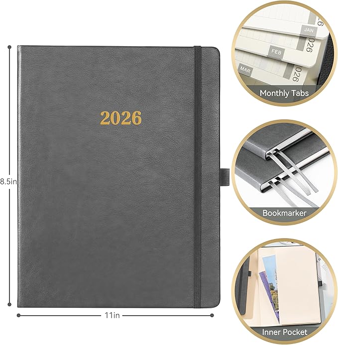 2026 Planner - Weekly and Monthly Planner 2026, 8.5"x11", Jan.2026 - Dec.2026, Leather Hardcover, 12 Monthly Tabs, Pen Loop, Elastic Closure, Pocket, Grey