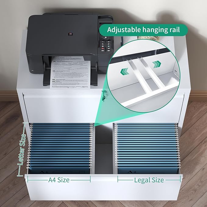 2 Drawer Lateral File Cabinets Office Metal Filing Cabinet Steel Storage Cabinet with Lock Wide Horizontal Filing Cabinets for Hanging Files Legal/Letter/A4 Size Assembly Required