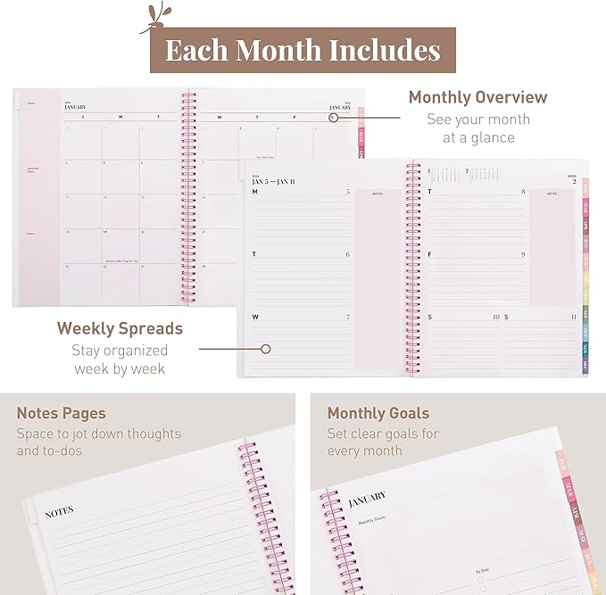 Rileys 2026 Planner, Agenda Planner With Weekly And Monthly View, Daily Agenda Book And Yearly Planners Calendar Book, Spiral Bound With Tabs, Notes, Goals And Holidays (Pink, 8.5 x 11 in)