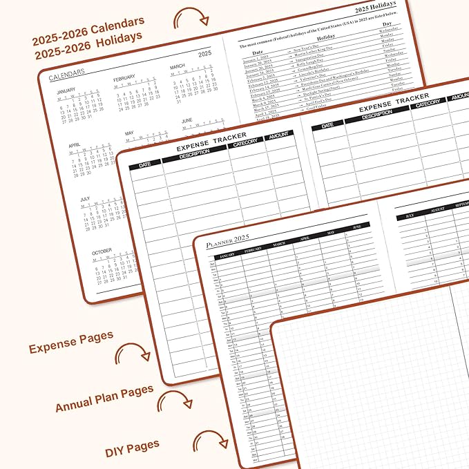 Daily Planner 2025-2026, Academic Planner 2025-2026 Weekly and Monthly Planner, Calendar Book with Hourly Schedule 8.5"x5.8", July 2025 to June 2026, Faux Leather Cover (Brown)