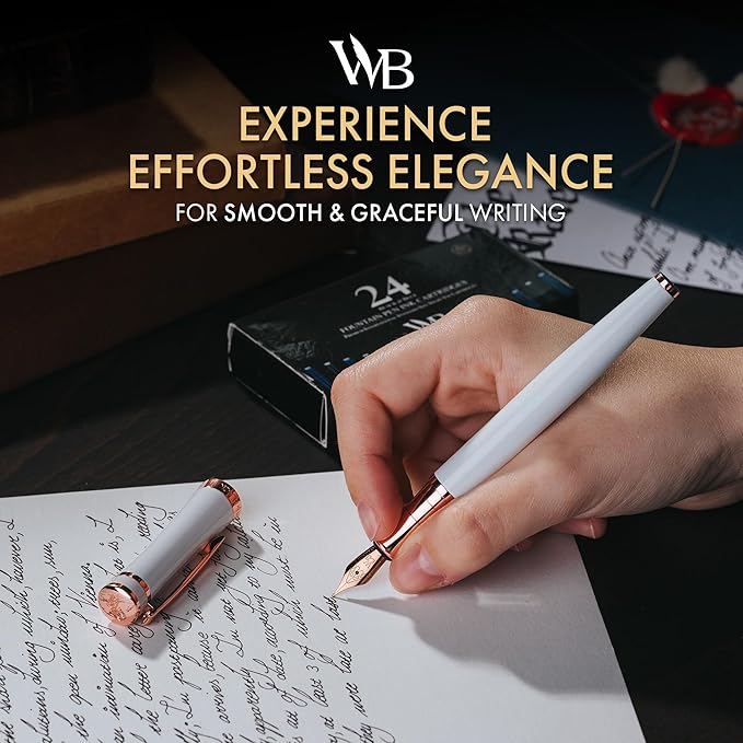 Wordsworth & Black Fountain Pen Set, 18K Gilded Medium Nib, Includes 24 Pack Ink Cartridges, Ink Refill Converter & Gift Box, Gold Finish, Calligraphy, [White Rose Gold], Perfect for Men & Women