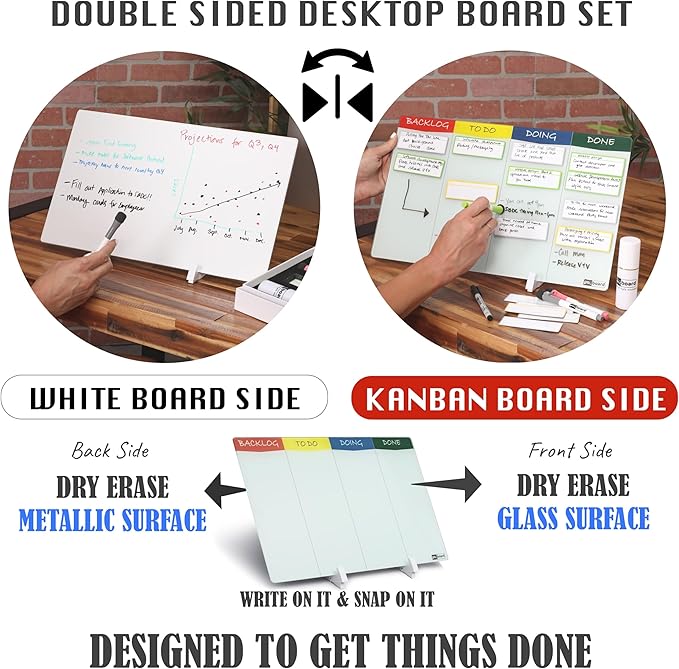 Double Sided Desktop WhiteBoard Kanban Set with Stand.18 x11,Dry Erase Glass Board, 24 Reusable Task Cards, 6 Markers, Accessories. Portable Project Management Planning Productivity WhiteBoard Kit
