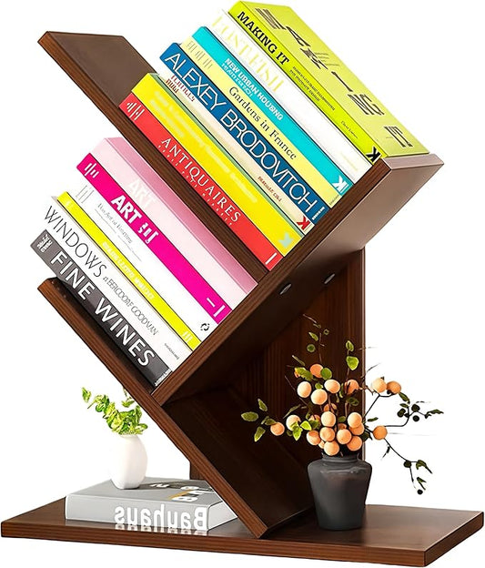 Godferyxin Tree Bookshelf,Desktop Book Shelf,3 Tier Wood Mini Bookshelf and Book Tree for Office, Home or School Desk Book Shelf for for Displaying Books, CDs, Magazines Wood Storage Rack