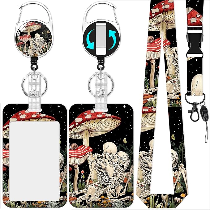 Skull Mushroom Badge Holder Reel Lanyard,ID Card Badge Holder Retractable Name Tag Clips for Doctor Nurse Teacher Office Student