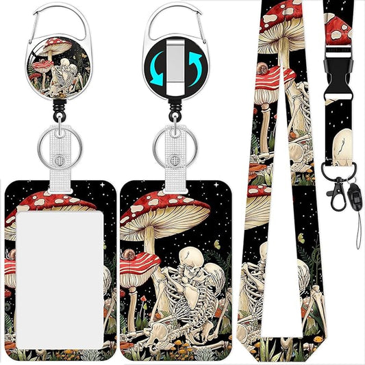 Skull Mushroom Badge Holder Reel Lanyard,ID Card Badge Holder Retractable Name Tag Clips for Doctor Nurse Teacher Office Student