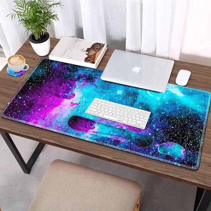 AIMSA Large Gaming Mouse Pad Set, Keyboard Wrist Rest Support Mouse Pad, Ergonomic Memory Foam Multifunctional Extended Desk Mat 35x15.7in Anti-Slip Rubber Base, Galaxy Nebula Universe