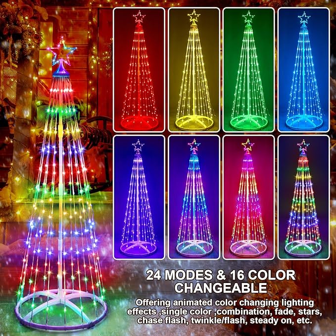 2 Pack 6FT Christmas LED Cone Tree Lights 24 Modes Color Changing with Timer Foldable Lighted Trees Waterproof Outdoor String Lights Holiday Decor for Christmas New Year Xmas Decorations