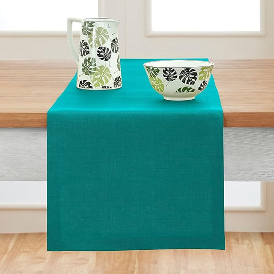 Solino Home Linen Table Runner 60 Inches - 100% Pure Linen Teal Table Runner 14 x 60 Inch Ideal for Dresser and Coffee Tables - Fete