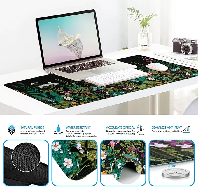 iCasso Large Mouse Pad, Mouse Pad Wrist Support Set,4in1 XXL Large Mousepad + Keyboard Wrist Rest+Mouse Wrist Rest+Coaster Set with Ergonomic Design for Home Office Table Computer-Weeds