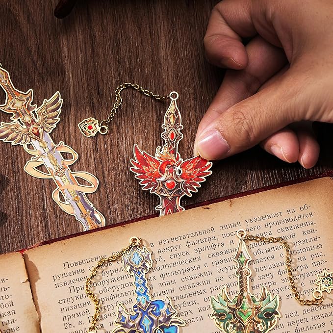 Fantasy Sword Bookmarks 4pcs - Medieval Knight Warrior Metal Book Marks for Readers, Gifts for Book Lovers, Cool Literary Page Holders for Reading Accessories, Men Women Teens, Christmas Birthday