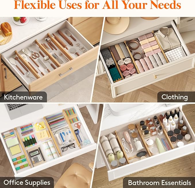 Lifewit 8 Pack Drawer Dividers Bamboo 2.4" High, 16-22" Adjustable Drawer Organizers for Clothes, Wooden Dresser Separators in Bedroom/Bathroom/Kitchen/Fridge/Office Organization and Storage