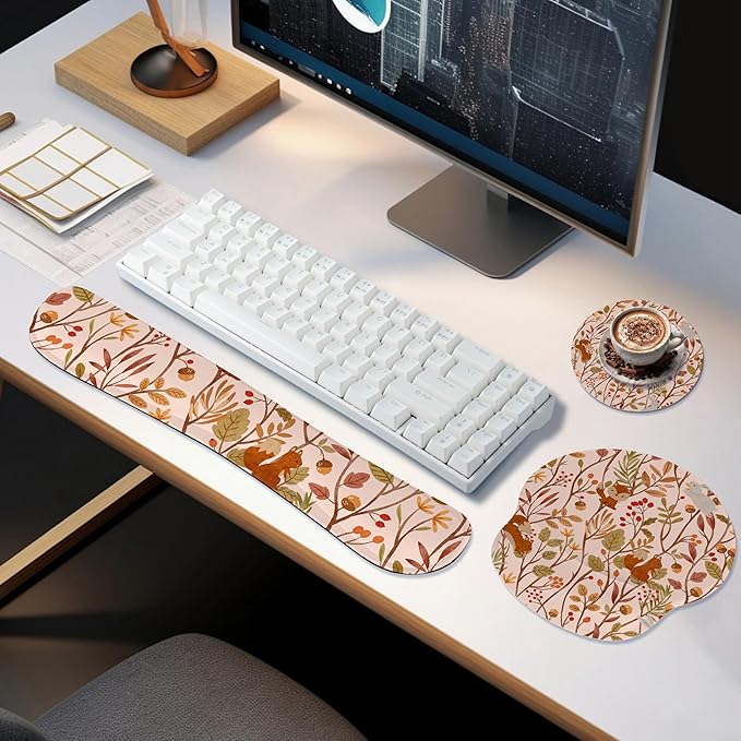 Ergonomic Keyboard Mouse Pad Wrist Rest Support Set for Laptop/Computer/Desktop,Memory Foam Hand Rest Wrist Cushion for Gaming/Office,Lightweight Comfortable & Pain Relief (Rabbit Squirrel)
