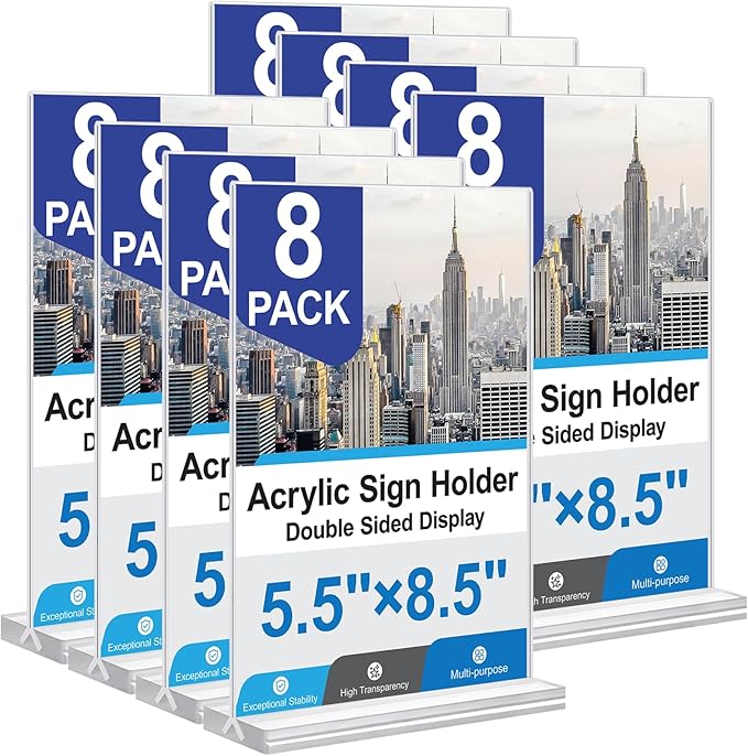 Acrylic Sign Holder 5.5x8.5 Inches 8 Pack, Double Sided Vertical Clear Display Stand, Plastic Frame Flyer Holder for Tabletop, Office, Restaurant, Store