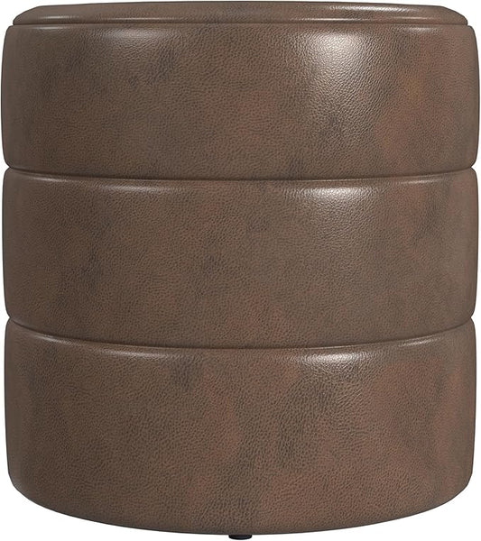 HomePop Upholstered Faux Leather Round Ottoman Home Décor|Foot Rest Ottoman- Brown Faux Leather