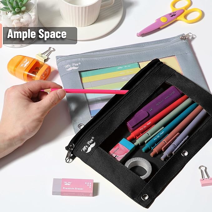 Mr. Pen- Pencil Pouch for 3 Ring Binder, 2 Pack, Black and Gray, 3 Ring Binder Pencil Pouch