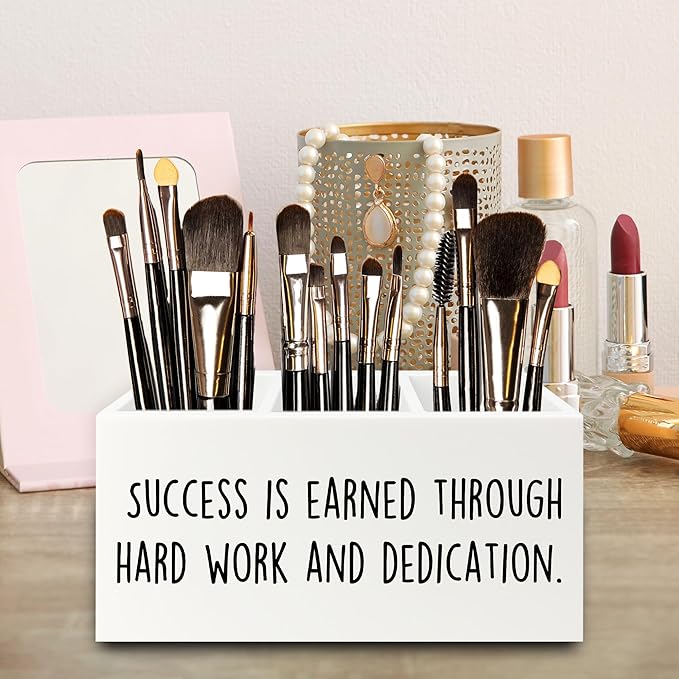 Motivational Gifts Pen Pencil Holder Organizer for Desk, Success Is Earned Through Hard Work and Dedication Inspirational Wooden Box Signs Decorations for Home Office Desk Tabletop
