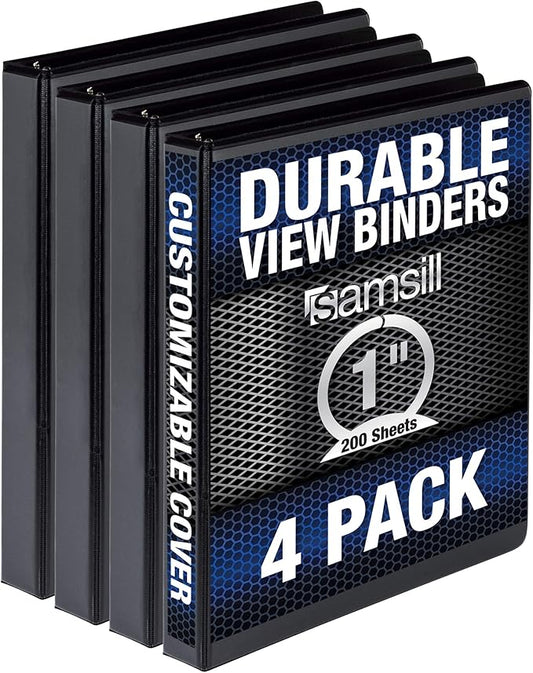 Samsill Durable 1 Inch Binder, Made in the USA, Round Ring Customizable Clear View Binder, Black, 4 Pack (MP48430)