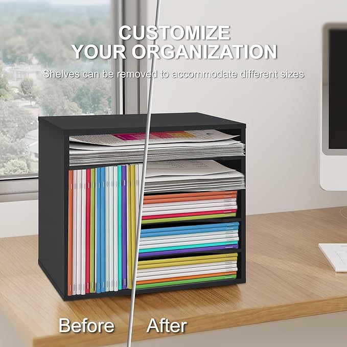 Paper Organzier Wood Desktop Organizer Storage Letter Tray File Sorter with Adjustable Shelves for Home Office