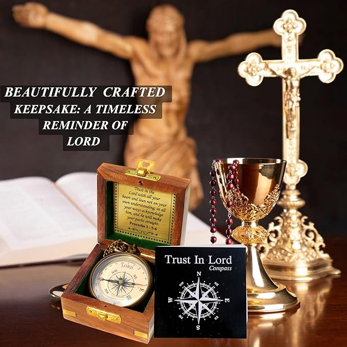 Trust in The Lord with All Your Heart -Proverbs 3: 5-6 Quote Engraved Compass with Wooden Box, Baptism Gifts for Boys, Inspirational Gifts Men, Graduation Day Gifts, First Communion Gifts