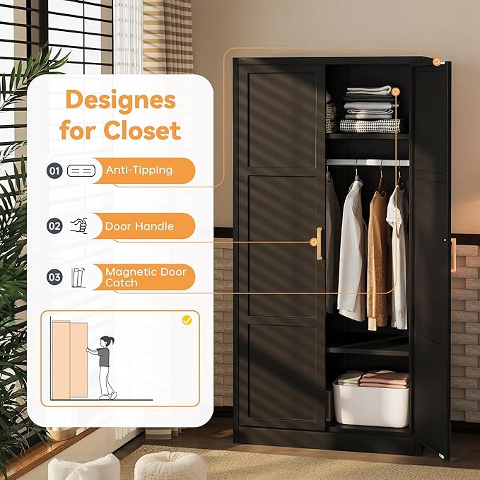 INTERGREAT Metal Storage Cabinet with Hanging Rail, Black Armoire Wardrobe Closet with 2 Doors,72" H Storage Closet Cabinets with Adjustable Shelves and Removable Hanging Rods