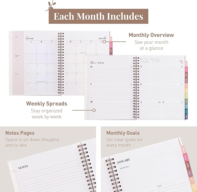 Rileys 2026 Planner, Agenda Planner With Weekly And Monthly View, Daily Agenda Book And Yearly Planners Calendar Book, Spiral Bound With Tabs, Notes, Goals And Holidays (Float, Beige, 8 x 6 in)