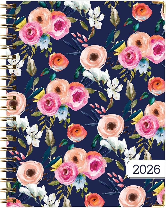 HARDCOVER 2026 Planner, 7"x9": 14 Months (November 2025 - December 2026), Daily Weekly Monthly Planner, Yearly Agenda, Bookmark, Pocket Folder and Sticky Note Set (Small Navy Floral)