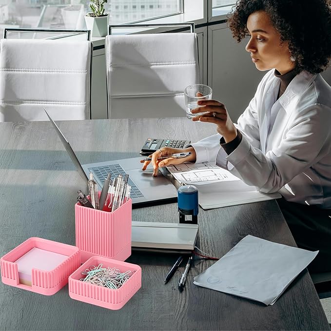 Aesthetic Desk Organizers and Accessories Set of 3 with Pen Holder,Paperclip Holder,Sticky Note Holder - Durable Plastic Pencil Holder for Office Women Men-Teacher Appreciation/Back-to-school Gift