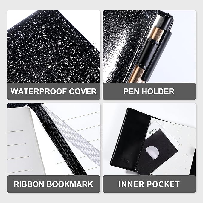 CAGIE Journal with Lock for Women Refillable Lock Journal for Men with 224 Pages Glitter Black Diary with Lock for Girls, Adults, 5.3 x 7.9 Inches