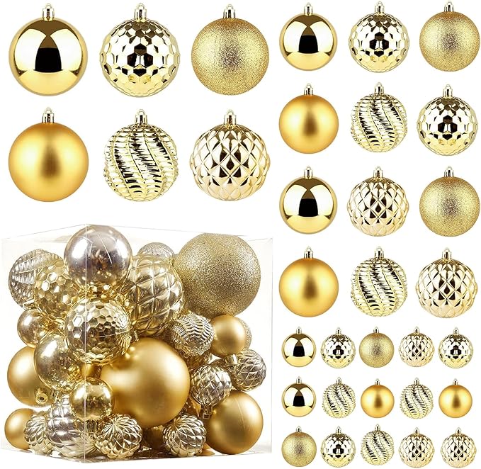 Christmas Balls Ornaments -36pcs Shatterproof Christmas Tree Decorations with Hanging Loop for Xmas Tree Wedding Holiday Party Home Decor,6 Styles in 3 Sizes（Gold）
