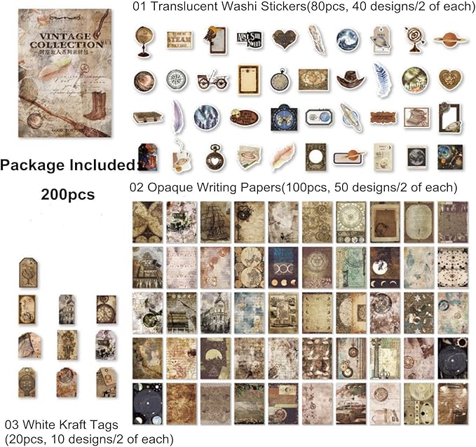 200PCS Vintage Scrapbooking Supplies Pack, Aesthetic Scrapbook Sticker Paper Art Journaling Kit for Bullet Junk Journals,Planner,Cottagecore Decor Gifts (Magic)