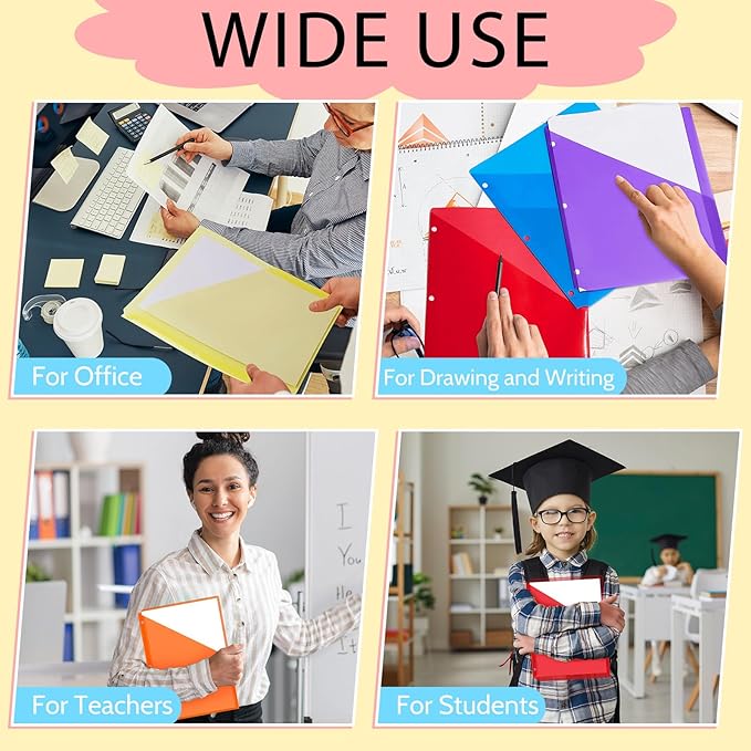 Maitys 50 Pack Binder Pockets 3 Hole Punch Clear Plastic Document Folders Binder Organizer Store Letter Size 8.5x11 Inch Paper Folders with Pockets Slash File Jacket for Office (Multicolor)