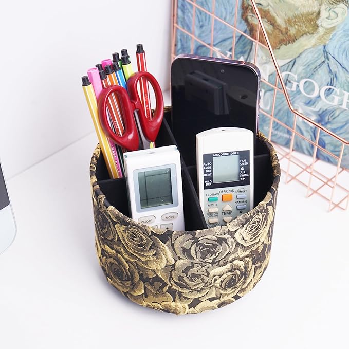 QIELIZI Round Leather Art Supply Organizer,Remote Control Holder,360 Degree Rotating,Multi-Functional Pencil Holder,4 Compartments Desktop Stationary Organizer(1-3D Rose Yellow)