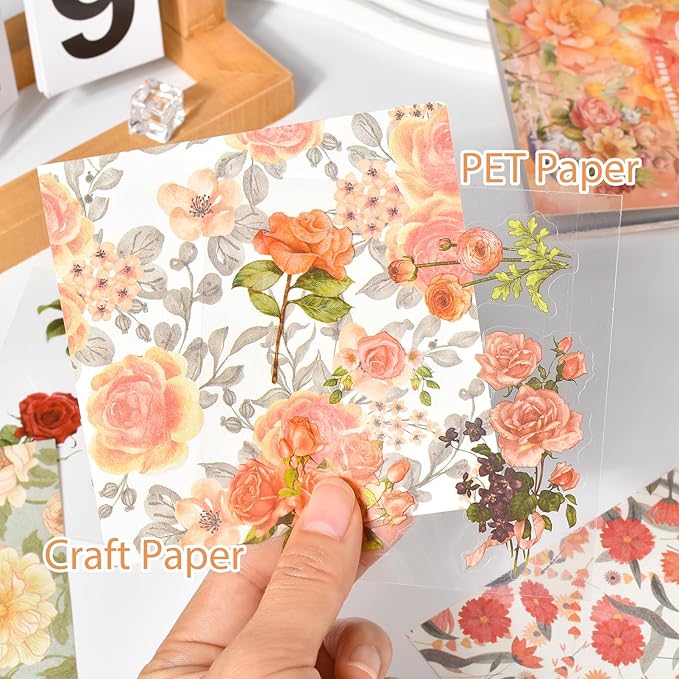 Snycler Scrapbooking Supplies, Vintage Journaling - 25 Sheets PET & 25 Sheets Paper Stickers, DIY Craft Stickers for Junk Journals, Ephemera Sticker Book, Red Flower Themes, Pre-Cut Designs