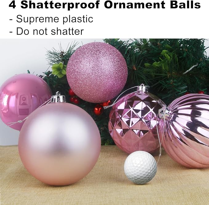 Bubblegun Pink 4.0" Large Christmas Balls - Christmas Tree Decoration Ornaments Shatterproof Hanging Balls for Birthday Halloween Holiday Wedding Decorations Set of 4pcs