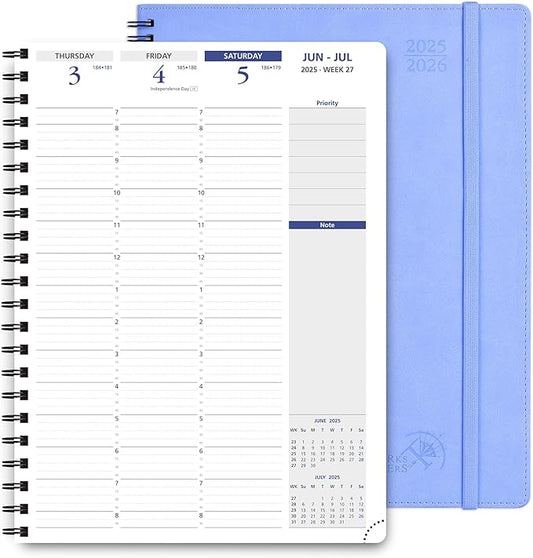 POPRUN 2025-2026 Academic Planner Spiral Bound, 8.5'' x 11.25'' Appointment Book (July 2025-June 2026) Quarter-Hourly Weekly Schedule, Leather Cover, Monthly Tabs, 2 Inner Pockets - Cornflower