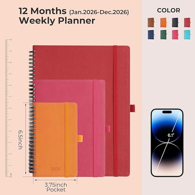 Planner 2026 Daily Weekly and Monthly,6.5"x3.75",12 Months Spiral Bound Calendar Agenda with Self-adhesive Pen Holder,2026 Appointment Book with Vegan Leather Soft Cover,Red