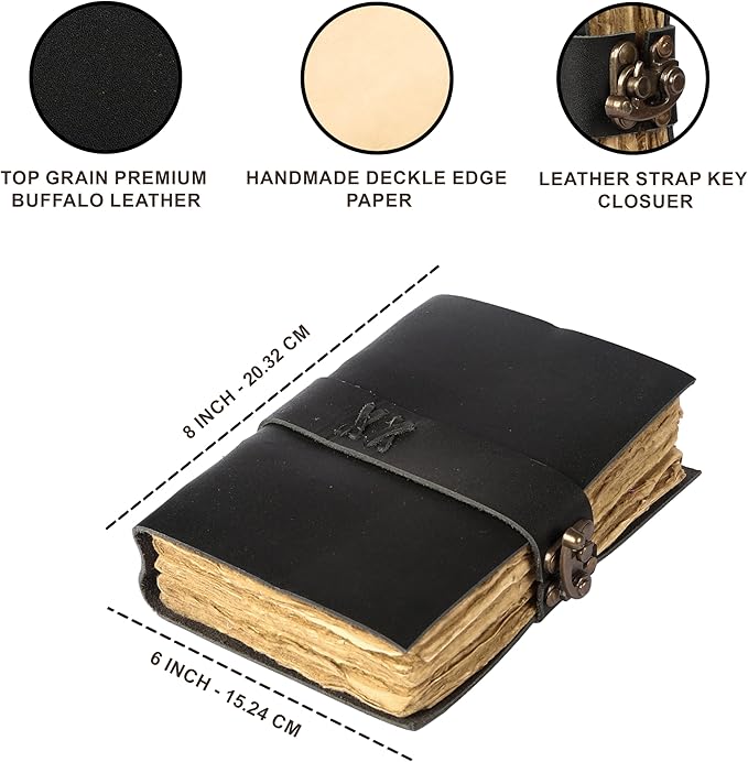 Vintage Leather Journal Handmade Buffalo Non-Refillable Deckle Edge Paper – Leather Bound Journal for Women, Men C-Lock Closure Ideal for Writing & Travel for Artists (Black)