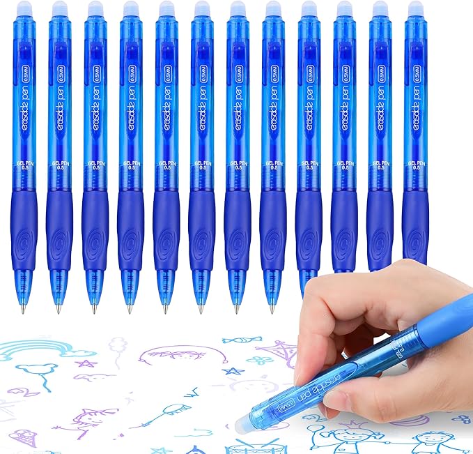 USUAL Retractable Erasable Pens 12 Colored Erasable Gel Pen 0.5mm Erasable Gel Pens Black Make Mistakes Disappear Smooth Writing Pen Office Back-to-School Supplies (Blue)