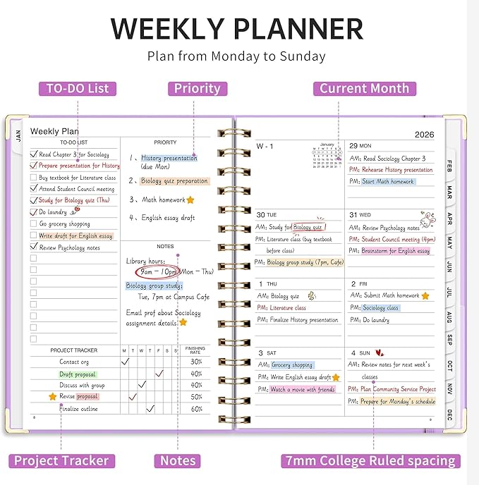 2026 Planner, Weekly and Monthly, A5 Size (5.7" x 8.3"), Jan 2026 - Dec 2026, Calendar, To-do List, Agenda, 12-Month Tabs, Hardcover, 100 GSM Thick Paper, Spiral-bound (Purple)