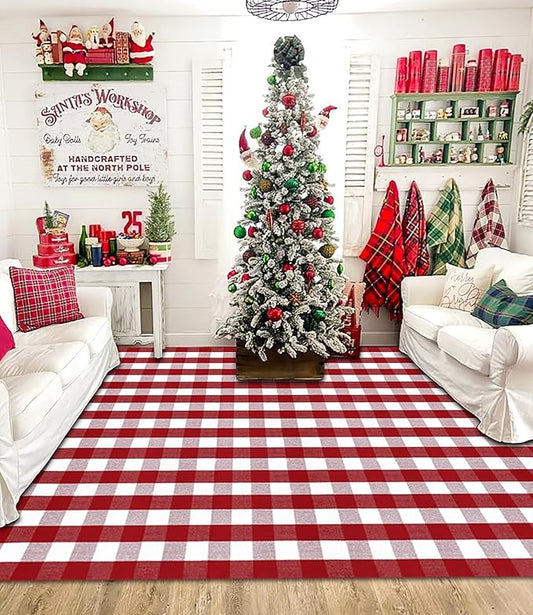 Ckorzen Red and White Plaid Rug, 8' x 10' Christmas Front Porch Outdoor Rug, Handwoven Cotton Washable Rug for Layered Door Mats, Holiday Entryway and Home Décor