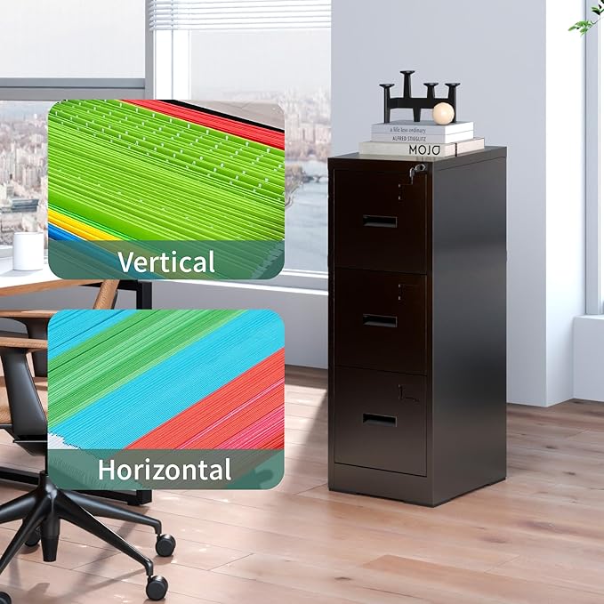 Black 3 Drawer File Cabinets with Lock, Heavy Duty Metal Storage Cabinets, Vertical Filing Cabinet for Home Office, Steel Cabinet for Letter Legal Size Files, Assembly Required