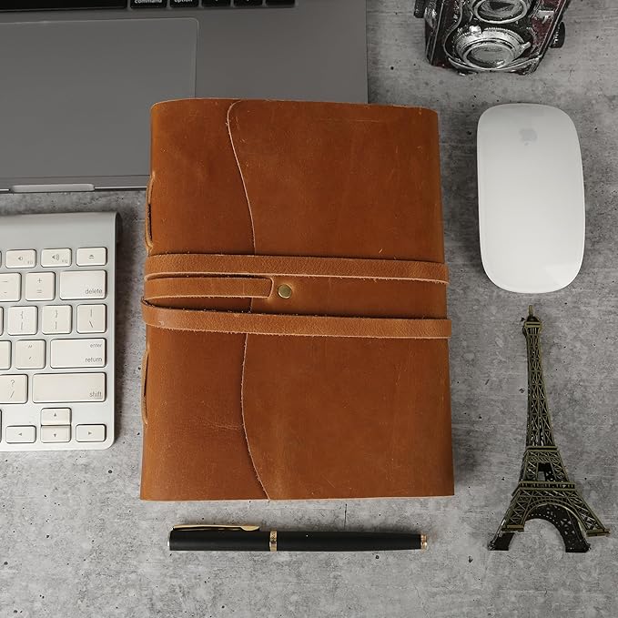 KomalC Tan Handmade Leather Journal | 8x6 Inch Vintage Writing Notebook Unlined Pages | Rustic Non-Refillable Sketchbook for Travel, Art, Notes, Gifts