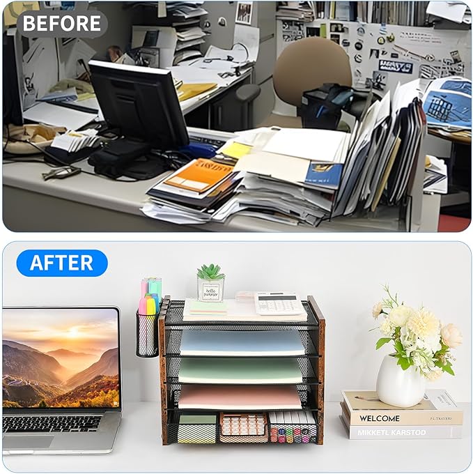 OPNCIE Desk Organizer and Accessories, 5-Tier Paper Letter Tray File Organizer with Drawer & 2 Pen Holder, Office Desk Accessories Workspace Desktop Organizer for Office Supplies(Brown)