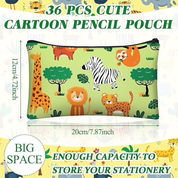 36 Pcs Cartoon Animal Pencil Case Bulk Cute Cartoon Pencil Pouch Multicolor Canvas Pen Bag Organizer with Zipper Stationery Back to School Supplies(Funny)