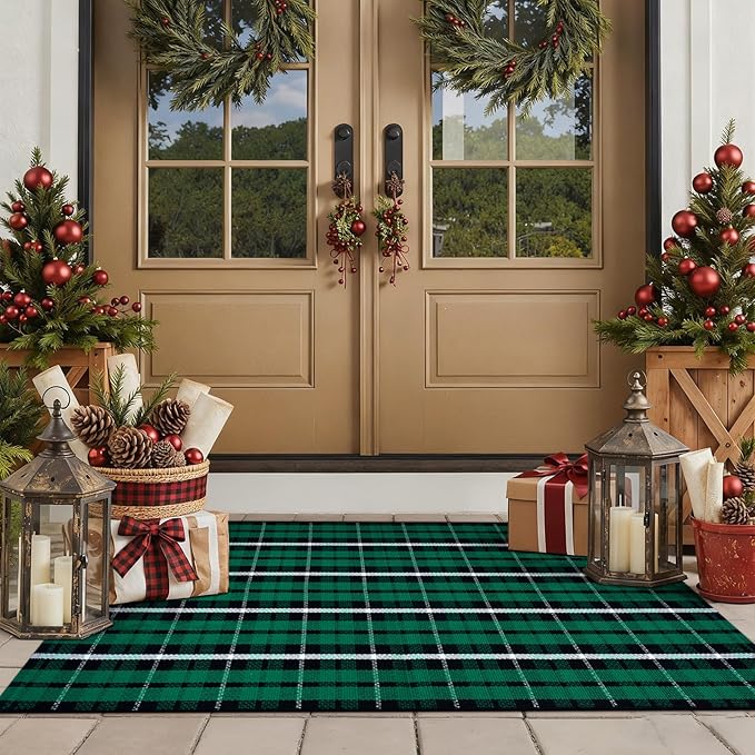 KIMODE Christmas Door Mats 24"x51", Buffalo Plaid Checkered Outdoor Rug Decor, Black and Green Reversible Farmhouse Front Porch Rug, Washable Cotton Woven Welcome Mats for Entryway Kitchen