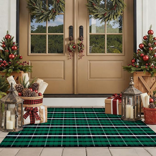KIMODE Christmas Door Mats 24"x51", Buffalo Plaid Checkered Outdoor Rug Decor, Black and Green Reversible Farmhouse Front Porch Rug, Washable Cotton Woven Welcome Mats for Entryway Kitchen