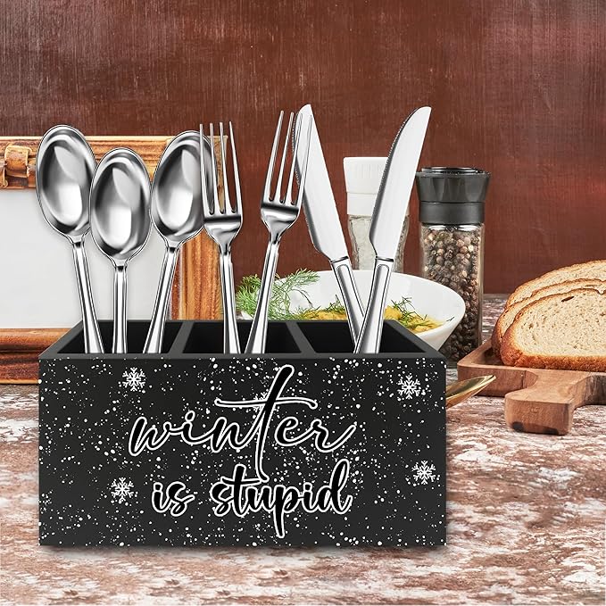 Funny Black Christmas Pen Pencil Holder Organizer for Desk, Winter Is Stupid Winter Snowy Xmas Snowflake Wooden Box Signs Decorations for Home Office Desk Tabletop