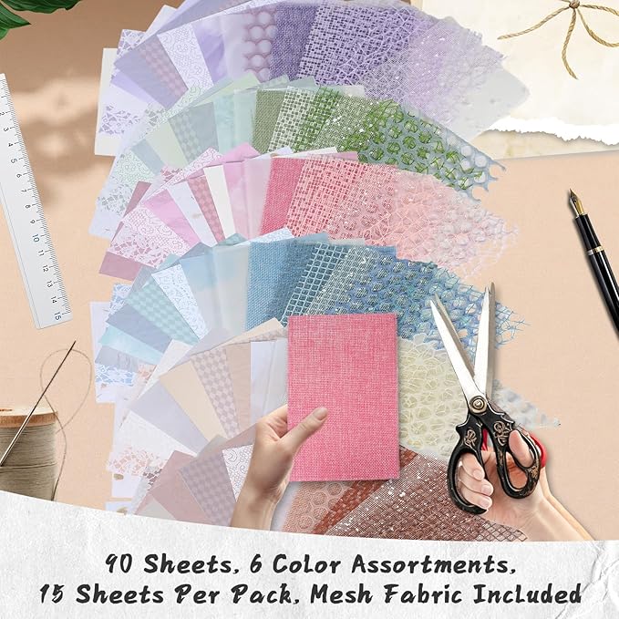 90 Sheets Textured Scrapbook Paper with Decor Mesh Fabric Creative Kit - 6 Pack Mixed Media Papers for Craft, Scrapbooking, Junk Journal, Card Making, Collage Art Supplies, 5.1 x 7 Inches