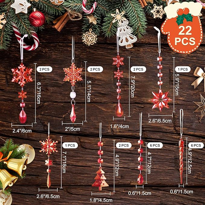 Lanpn 22pcs Christmas Ornaments Crystal Christmas Tree Decoration, Hanging Clear Acrylic Snowflake Icicle Drop Crystal Pendants for Xmas Tree Winter New Year Outdoor Indoor Party Decoration (Red)